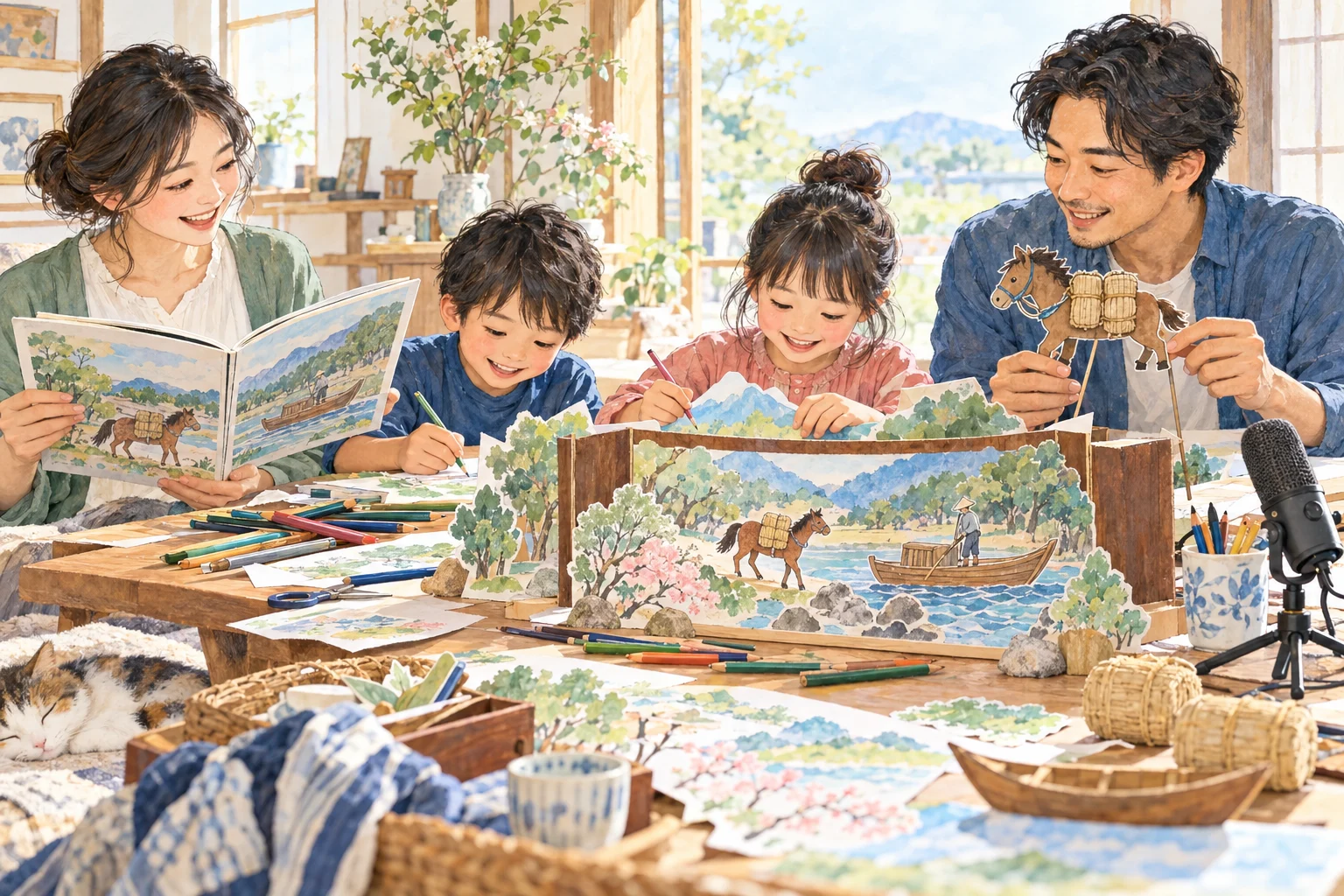 絵本を読み、馬の紙人形や舟の舞台を親子でつくる創作イラスト