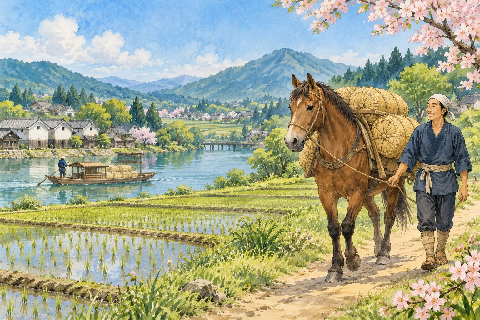 米俵を積んだ馬と村人、田んぼ、川を行く舟を描いた昔話の創作挿絵